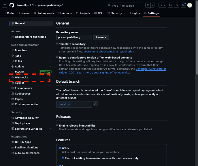 Webhooks menu (dark)