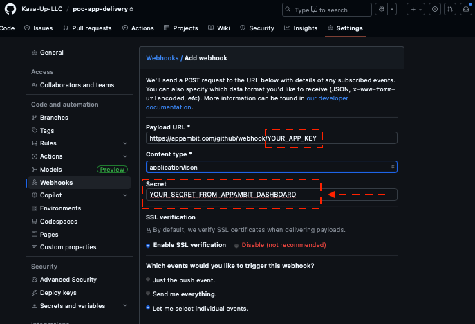 Webhook configuration (dark)