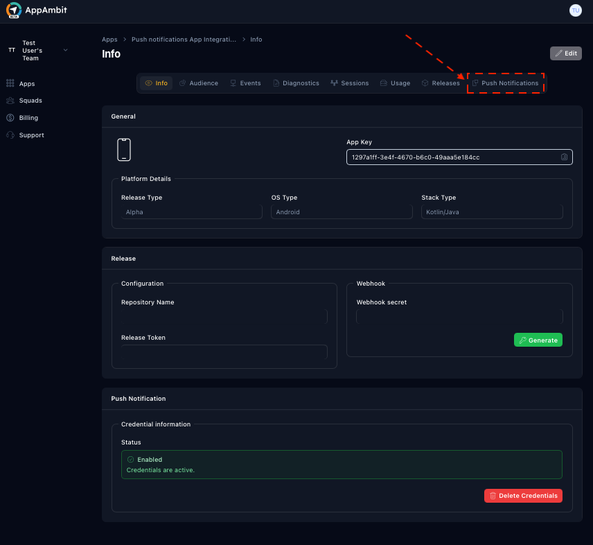Push Notifications view