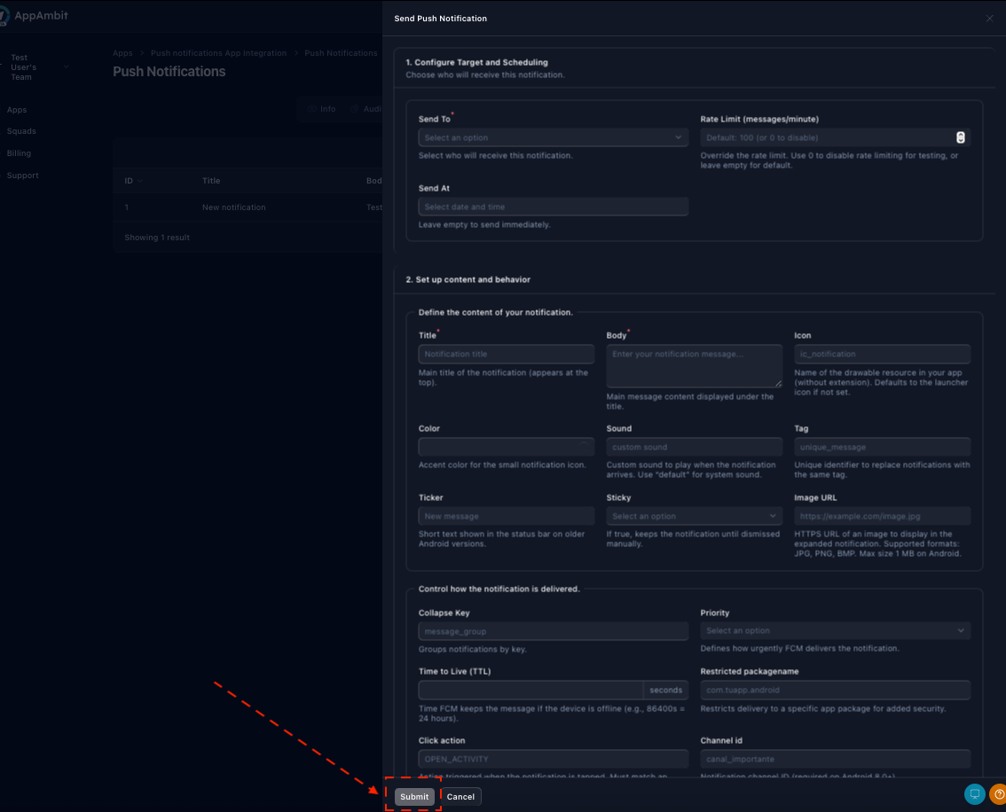 Send notification button