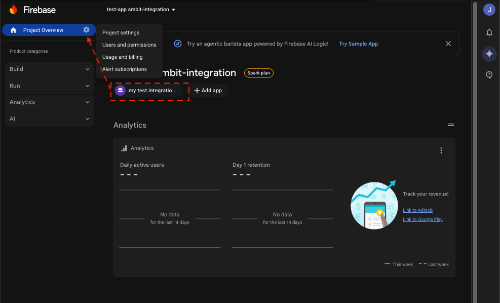Firebase project settings