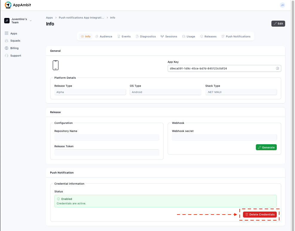 Remove push credentials