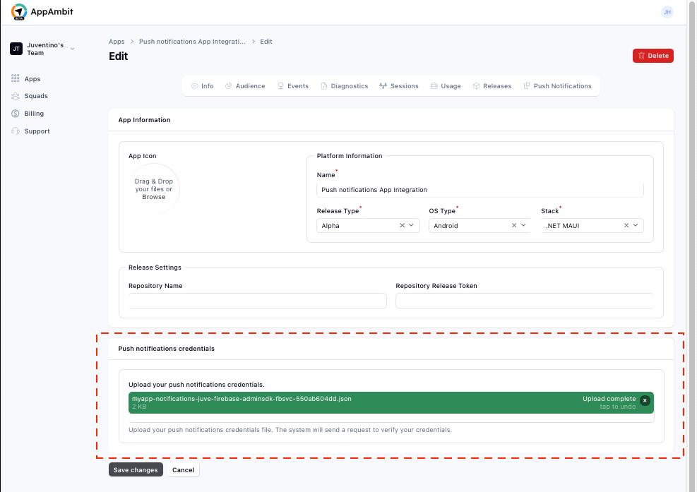 Push notifications credentials upload