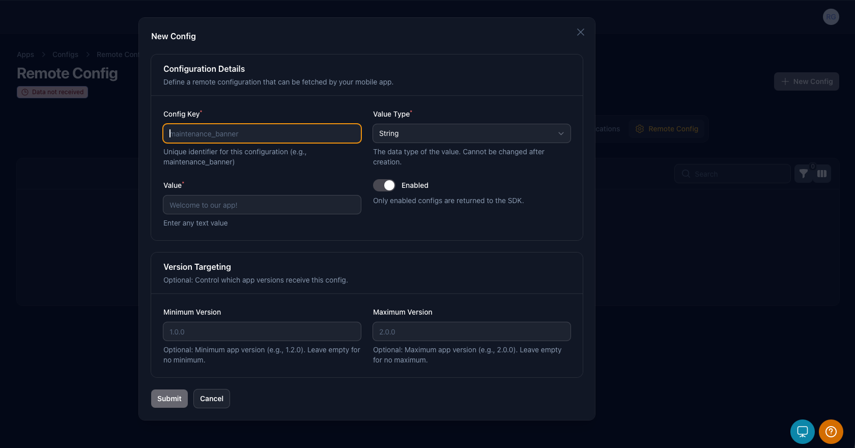 New Remote Config pop-up