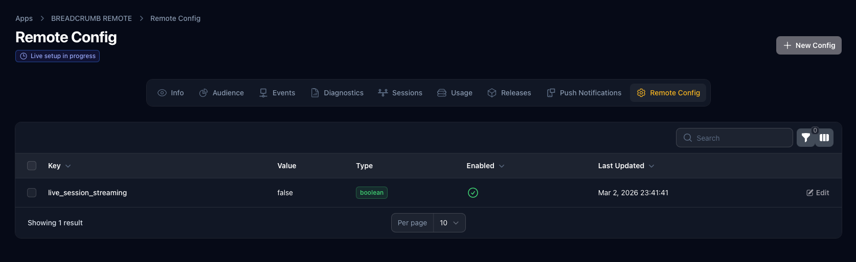 Dashboard breadcrumbs settings (dark)